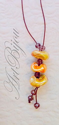 Collar de Cuero Marrón con Piezas de Cerámica Naranja y Amarilla, y Bolas de Cristal Morado, Moderno y Elegante, Regalos para Ella, Regalo Mujer