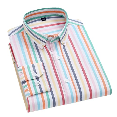 Cromoncent Mens Long Sleeve Oxford Button Down Shirts Casual Dress Shirt for Men,100% Cotton,Plaid-Stripes Shirts,Rainbow Red,X-Large