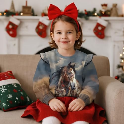WELLFLYHOM Western Horse Girls Shirts Top 3-4T Toddler Crewneck Long Sleeve Sweatshirt Native Graphic Casual Top Drop Shoulder Ruffle Sleeve Fall Outfit for Fall Winter Spring2