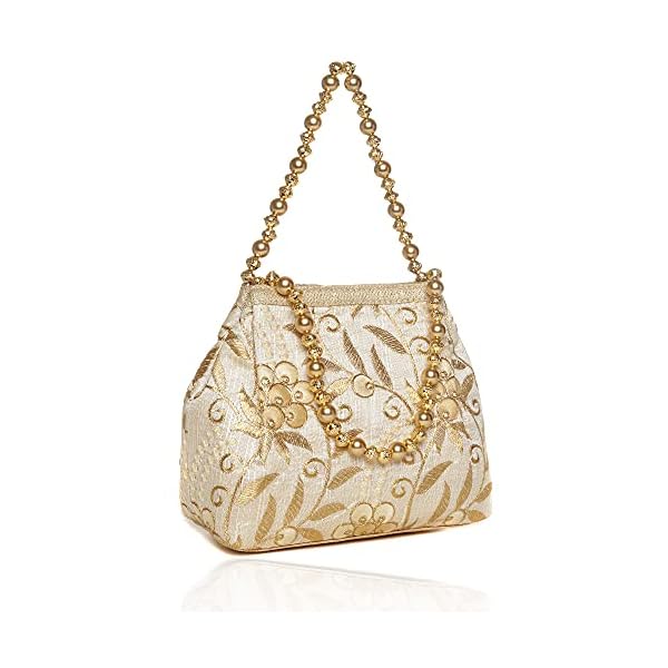 Wenz Raw-Silk Designer Potli Bag for women with Golden Embroidery and Golden Pearl Handle Tassel
