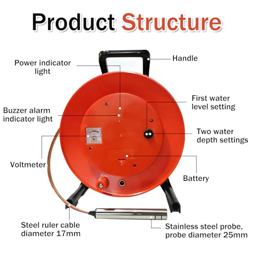 Indicador de Nivel de Agua, Soparecido portátil de Pozo Profundo con sonda de Acero Inoxidable para medición de Nivel de Agua precisa, 50m (164ft) Profundidad