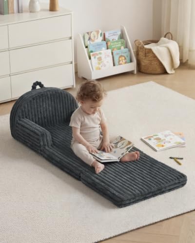 Image of Blissful Diary Foldable Kids Couch, 2-in-1 Comfy Kids Chair for Reading, Playroom, Kids Couch Sofa for Girls Boys Birthday Gift, Dark Gray