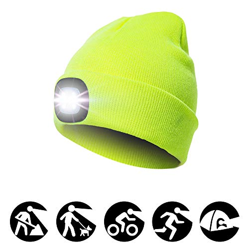 enjoydeal Beanie Hat with Light,4 LED Knit Hat Unisex USB Rechargeable Hands Free Head Light Headlamp Warm Cap for Hunting,Camping,Night Running,Fishing,Reading?Jogging,Cycling,Yellow