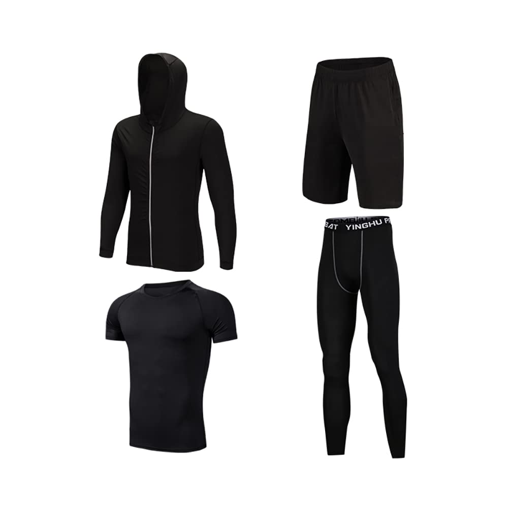 4 Pz Fitness Palestra Completi Sportivi Uomo Abbigliamento Giacca con Cappuccio T-shirt Manica Corta Manica Lunga Pantaloncini e Pantaloni Sportivi Elastico Quick Dry Traspirante Ultraleggero
