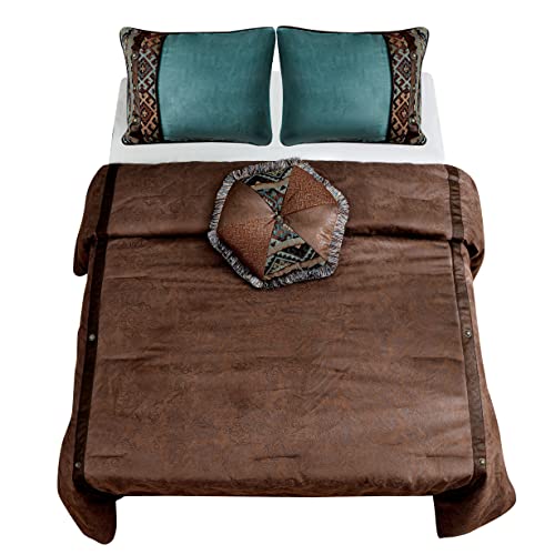 Paseo Road By Hiend Accents | Del Rio 5 Piece Comforter Set, Super Queen Size, Blue And Brown Faux Leather, Southwestern Luxury Bedding Set, 1 Comforter, 1 Bed Skirt, 2 Pillow Shams, 1 Accent Pillow #TOP2