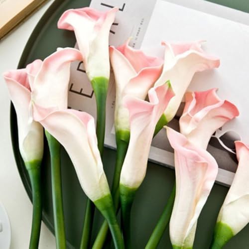 Honseadek Lirios de cala artificiales con hojas verdes, ramo de flores de seda de látex realista para decoración del hogar, 60 cm, lirio de Pascua blanco y amarillo para sala de estar (rosa)