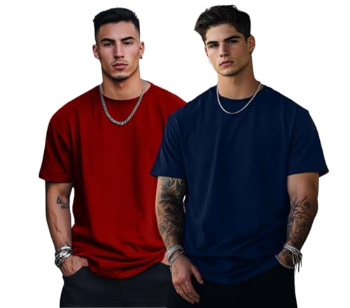 Image of Veirdo Solid Oversized 100% Pure Cotton Combo T-Shirt for Men & Boys (Half Sleeves, Round Neck, Drop Shoulder, Baggy Fit, Pack of 2, Available in S to 2XL