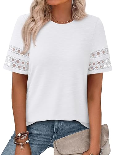 PRETTYGARDEN Summer Tops for Women 2026 Lace Short Sleeve T-Shirts Casual Blouses Spring Fashion Clothes Vacation Outfits (White,X-Large)