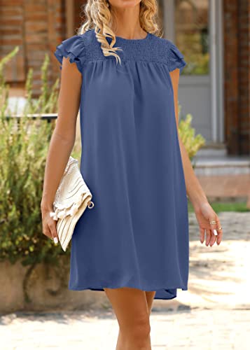 Image of KIRUNDO Wedding Guest Shift Dresses for Women Short Spring Summer Ruffle Cap Sleeve Chiffon Babydoll Flowy Mini Sundress(Grey Blue, Medium)