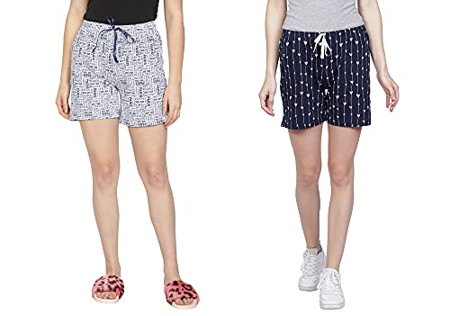Image of Club A9 Women's Cotton Printed Regular Fit Shorts (Combo of 2) (White /Navy Blue,M) (WSCOM2 206 M)