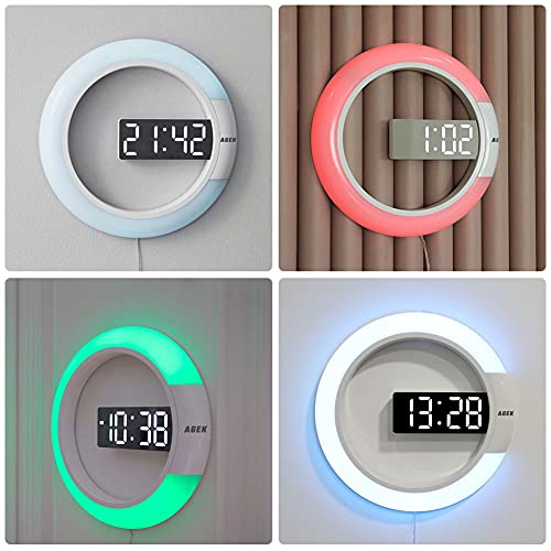 Agek Led Wall Clock, Usb Power Remote Control Digital Wall Clock Creative Led Mirror Wall Clock With Alarm/Temperature Ring Multicolor Light 12 Inch Round Hollow Wall Light With Color Switching #TOP6