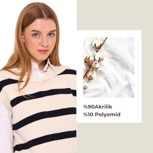 Image of Women's Knitted Sweater | Sleeveless Striped Pattern Long Knit Sweaters | Seasonal Women's Tops Modest Clothing (US, Alpha, Small, Regular, Regular, Navy Blue-Beige)