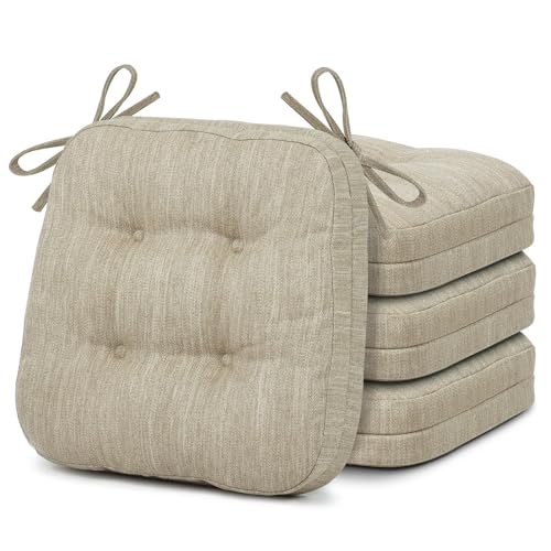 Shinnwa Dining Chair Cushions Set of 4, Dual-Layer Memory Foam Kitchen Chair Cushions, Patented Design Seat Pads with Ties, 16.5 x 16.5 x 3.5in, 4 Pack, Beige