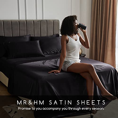Mr&Hm Satin Bed Sheets, Queen Size Sheets Set, 4 Pcs Silky Bedding Set With 15 Inches Deep Pocket For Mattress (Queen, Black) #TOP6