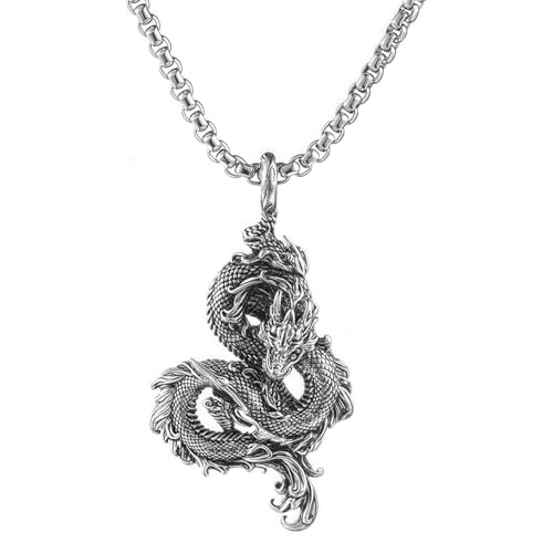 Punk Dragon Necklace for Men Vintage Gold Silver Viking Dragon Head Pendant Necklace Gothic Bike Hip Hop Rock Necklace Halloween Birthday Party Jewelry (Silver)