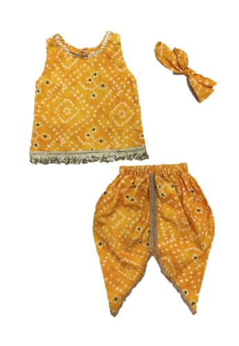 Image of The Root And Craft Kids Birthday Photoshoot Outfit Dress Girls Bandhani printed Top With Dhoti pant & Hairband Born Baby Photography Photoshoot Props(0to 18 Month)