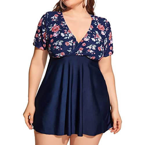 Women's Plus Size Swimsuit with Shorts Bathing Suits Two Piece Flowy Swimdress Plant Print - Main Image