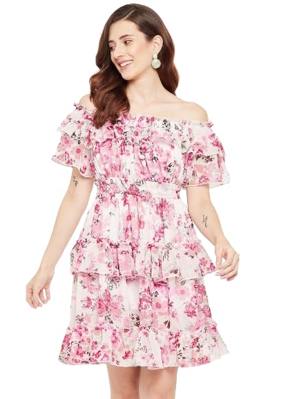 n.h.k.a. White and Pink Georgette Floral Printed Ruffle Off Shoulder Dress-picture-26