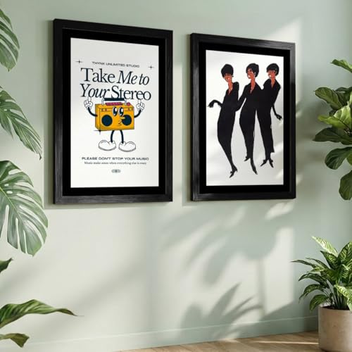 Image of NoWorries Retro Music and Fashion Disco Art Wall Painting | Vintage Stereo Quote & Dancing Silhouette Posters Frames | Premium 300 GSM Paper Print with Synthetic Wooden Frame | Modern Aesthetic Wall Decor for Living Room, Bedroom, Music Room & Office (Set of 2) (BLACK, ART-6, 13X19INCHES)