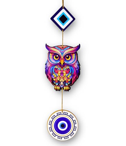 Image of ascension Owl Evil Eye Hanging for House Positive Vibes Wooden Wall Art For Wall Decor In Bedroom, Office, Kitchen Modern Artworks Wall Decor Items Door Entrance Decorative (Owl Evil Eye Hanging)