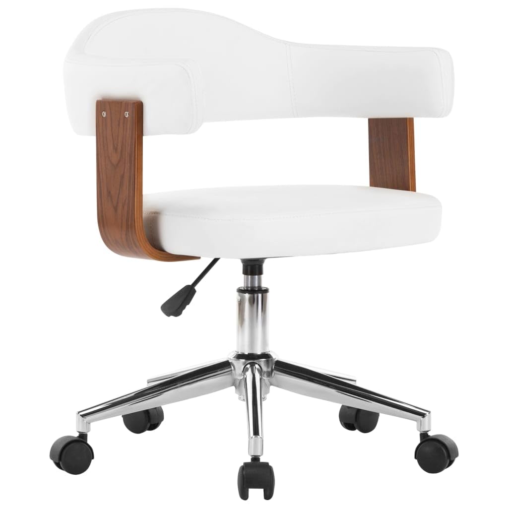 Silla de oficina giratoria de madera curvada blanca y piel sintética, silla de oficina de madera curva, color blanco, función giratoria de 360 grados, altura ajustable, silla de escritorio