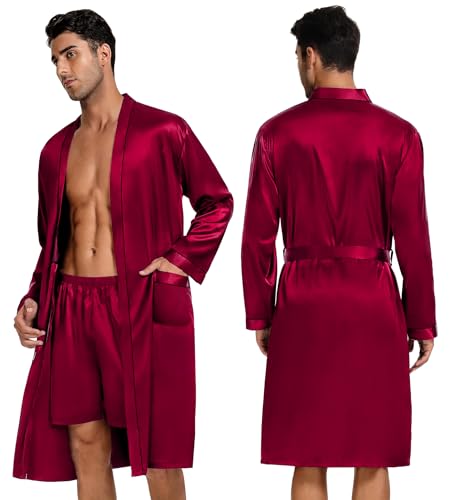 Image of SWOMOG Mens 3 PCS Satin Robe with Pants & Shorts Set Kimono Bathrobe Long Sleeve Sleepwear Pjs Sets with Pockets