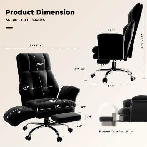 Image of Big and Tall Office Chair, Flip Armrests for Pets & Cross Legged Sitting, Executive Ergonomic Computer Gaming Chair with Foot Rest, Crystal Velvet Wide Seat Reclining Desk Chair