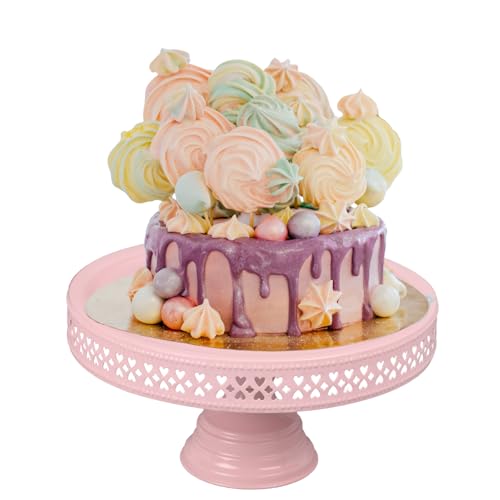 Image of anushkametals Pink Cake Stand Pedestal - 9 inch Top Diameter x 5 inch Height - Decorative Metal Dessert Display Stand for Cakes, Cupcakes & Party Table Decor