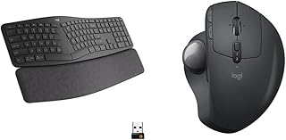 Logitech ERGO K860 Wireless Ergonomic Keyboard - Grey & MX Ergo Wireless Trackball Mouse, Bluetooth Or 2.4GHz with Unifying USB-Receiver, PC/Mac/iPad OS - Black
