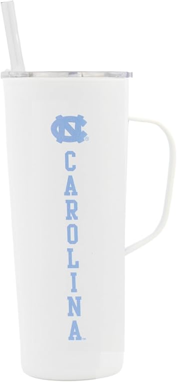 NCAA 20 oz. Stainless Steel Tumbler with Handle - Officially Licensed Double Walled Insulated Roadie with Slide Lid and Straw North Carolina text - White