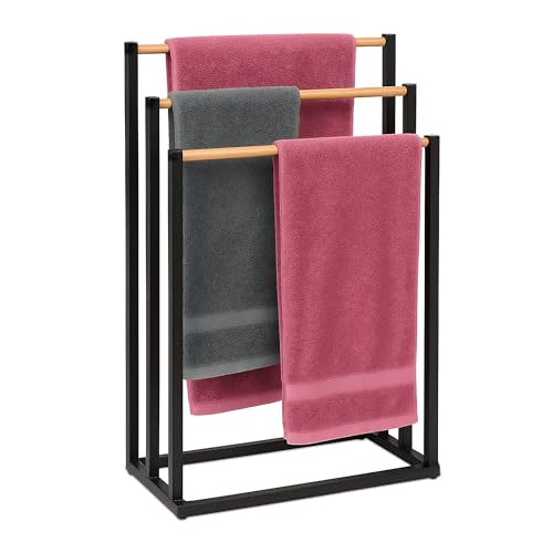Relaxdays Toallero de pie, HBT: 76 x 45 x 21,5 cm, Metal, bambú, 3 Barras, baño, Negro/Natural