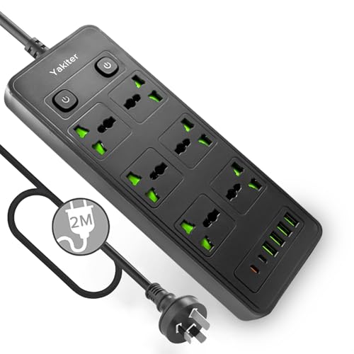 Yakiter 12 in 1 Universal Power Strip with USB, Extension 2M Cord with 6 Wide AC Outlets and 5 USB Ports, 110-240v, Max 4000w, Wall Mount International Plug Extender for Overseas Travel Work