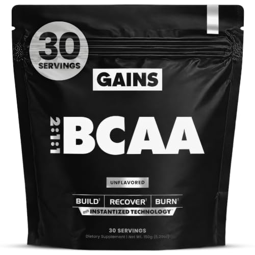 Gains in Bulk BCAA Powder, Pre Workout Plant Based Branch Chain Amino Acids, Gluten Free, Vegan Supplement with Keratin for Endurance & Strength During & Post Workout, Unflavored, 30 Servings