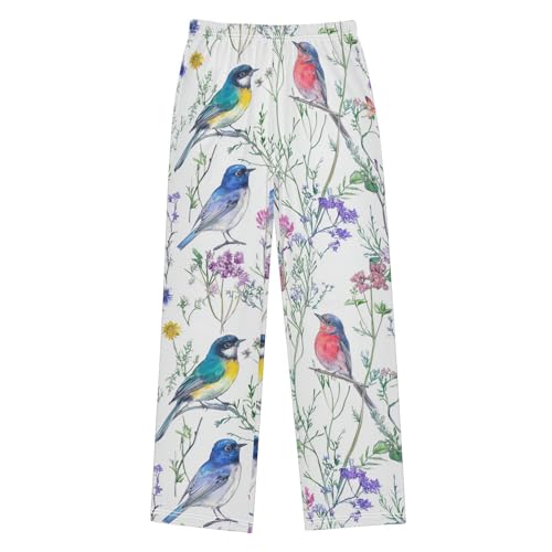 Spring Birds Floral Boys Long Pants Soft Trousers Elastic Waist Kids Lounge Bottoms with Pockets S-XL