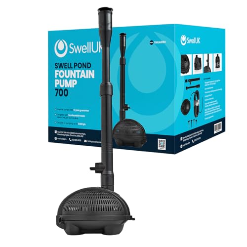 Swell Pond Fountain Pump 700. Fully Submersible with Strainer Cage. 4 Spray Nozzle Head Attachments Included, for Outdoor Garden Decoration, and 3 Year Guarantee