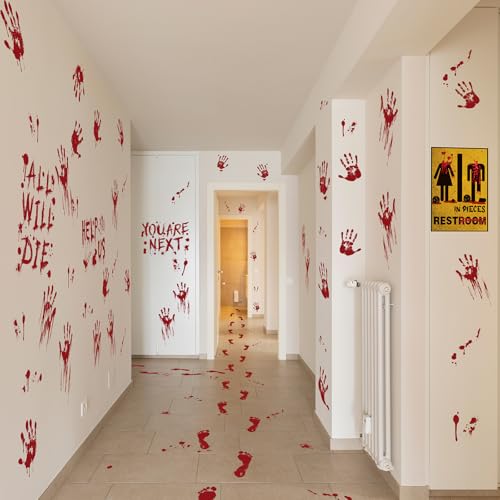 Halloween Clings- Bloody Handprint Footprint Floor Stickers Scary Halloween Party Decor for Windows and Cars Indoor/Outdoor Use - 12 Sheets