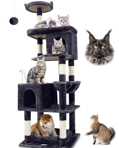 Globlazer Kratzbaum Groß, Katzenbaum für Große Katzen 183 cm hoch mit 2 Katzenhaus, Gepolsterte Plattform, Sitzstangen, Korb, Hundebett, Katzenturm...