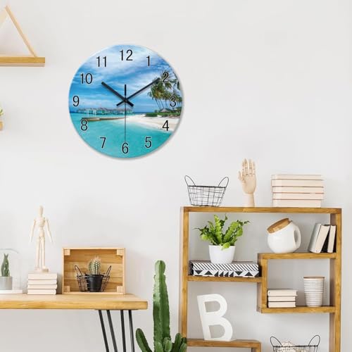 Image of XFM Large Beach Wall Clock 20 Inch Silent Coastal Nautical | Non-Ticking Battery Operated Blue Modern Glass Decorative for Living Room Kitchen Bedroom Office