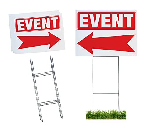 Calendars and More, Inc. Event Arrow Yard Sign Complete Kit Includes 3 Signs & 3 Sturdy Sign Stakes - Durable Outdoor Double Sided 18x24 Arrow Signs with Extra Tall 10x30 Stakes (3 Pack, Event)