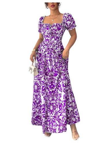 Image of Floerns Women's Floral Short Puff Sleeve Milkmaid Dress Boho A Line Long Dresses