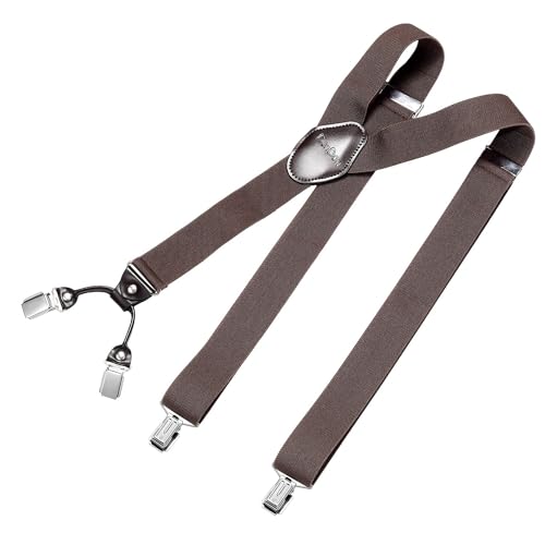 DonDon Tirantes hombre anchos 3,5 cm con 4 clips extra fuertes tirantes para pantalones hombre y parche de cuero marrón   Marrón oscuro