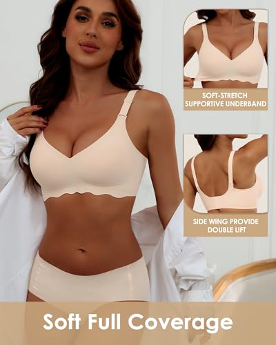 Image of HORISUN Wireless T Shirt Bra Seamless Push Up Bralette Full Coverage V Neck Comfortable Bras for Women