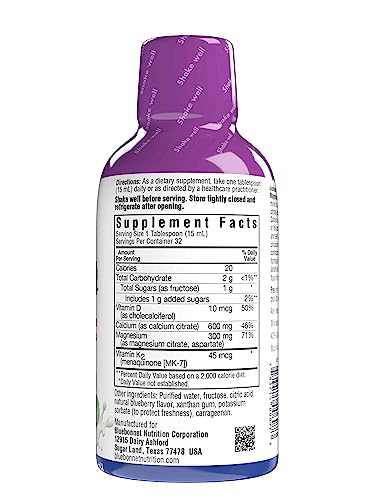 Bluebonnet Nutrition Liquid Bone Support Calcium Citrate, Magnesium Citrate, Vitamin D3, K2, For Bone Health, Non Gmo, Gluten Free, Soy Free, Milk Free, Kosher, 16 Fl Oz, 32 Servings, Blueberry Flavor #TOP6