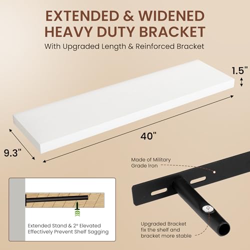 Image of Dreamland 40 Inches Floating Shelves for Wall, 9.3 inch Deep Long Floating Shelves Set of 2, Large Display & Storage Shelf, Wall Shelf for Bathroom Bedroom Living Room Kitchen Office, White