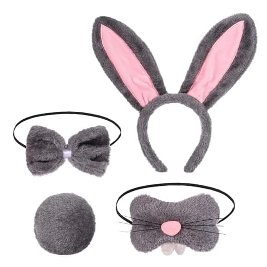 BOXOB 4 Piezas de Conejo Disfraz, Accesorios para Disfraz de Conejito con Diadema de Conejo Pajarita para la Nariz Cola para Mujer Fiesta de Disfraces de Halloween Pascua Cosplay (Gris Rosa)