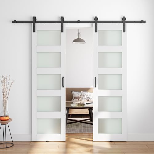 COSHOMER 36" x 84" (Double 18" x 84" Doors) Glass Barn Door with 6FT Sliding Door Hardware Kit Included, Assemblely Needed, 5-Panel Frosted Glass, Waterproof PVC Surface, White