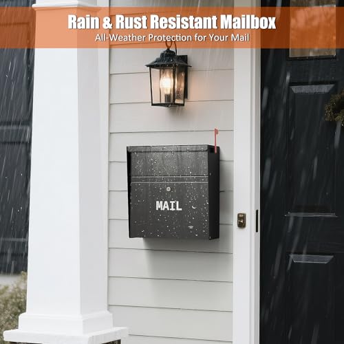 Image of Wall Mounted Locking Mailbox with Outgoing Mail Slot, Secure Drop Box for Home or Office, Weatherproof Steel Mail Box with Key Lock and Red Flag - Black