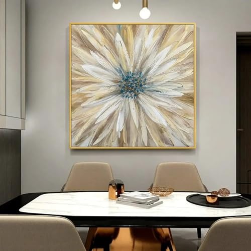 Peinture abstraite dorée avec fleurs blanches pour salon 80x80