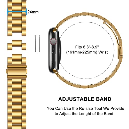 Image of HITZEE Compatible with Apple Watch Band 46 /45 /44 /42mm Business Stainless Steel Metal Strap Men Women Link Bands Compatible for iWatch SE3-1 Series 11 10 9 8 7 6 5-1, 42 /44 /45 /46mm Gold