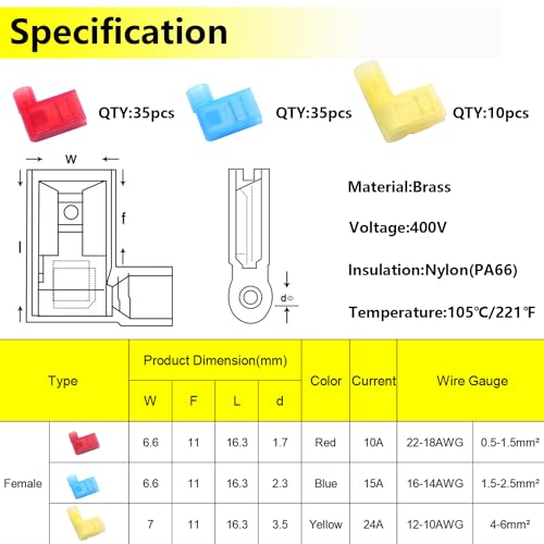 smseace 80Pcs Right Angle Spade Connector 22-18/16-14/12-10AWG Nylon Quick Disconnect Flag Terminal Red/Yellow/Blue 90 Degree Wire Terminal Connector